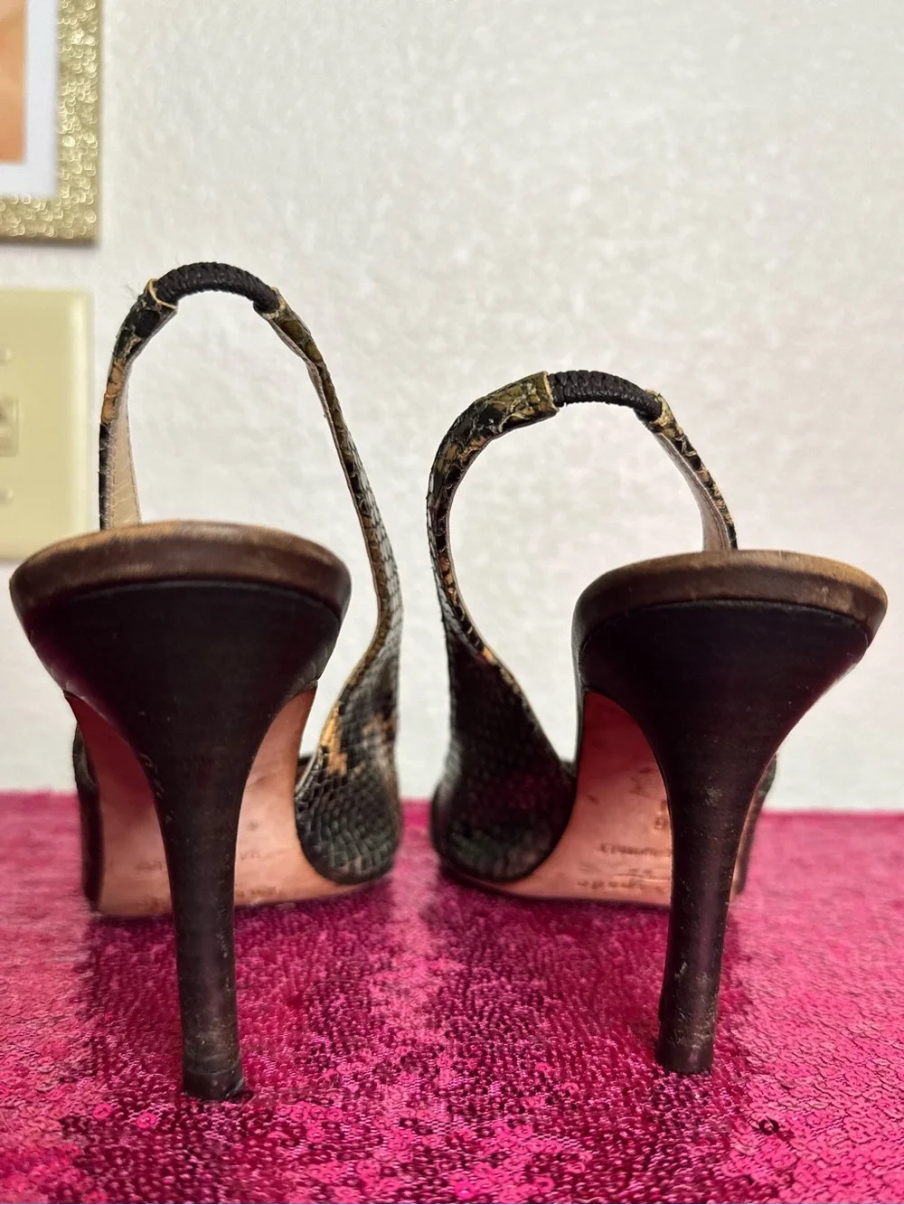 KATE SPADE♠️ Snakeskin-Print Leather Slingback Heels, Gold Medallion (Women’s 8)